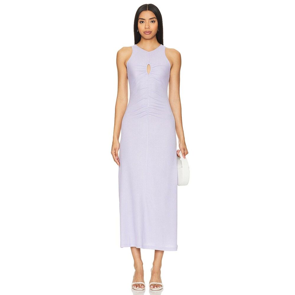 Minkpink Electra Ruched Shimmer Keyhole Midi Dress in Shimmer Purple M NWOT